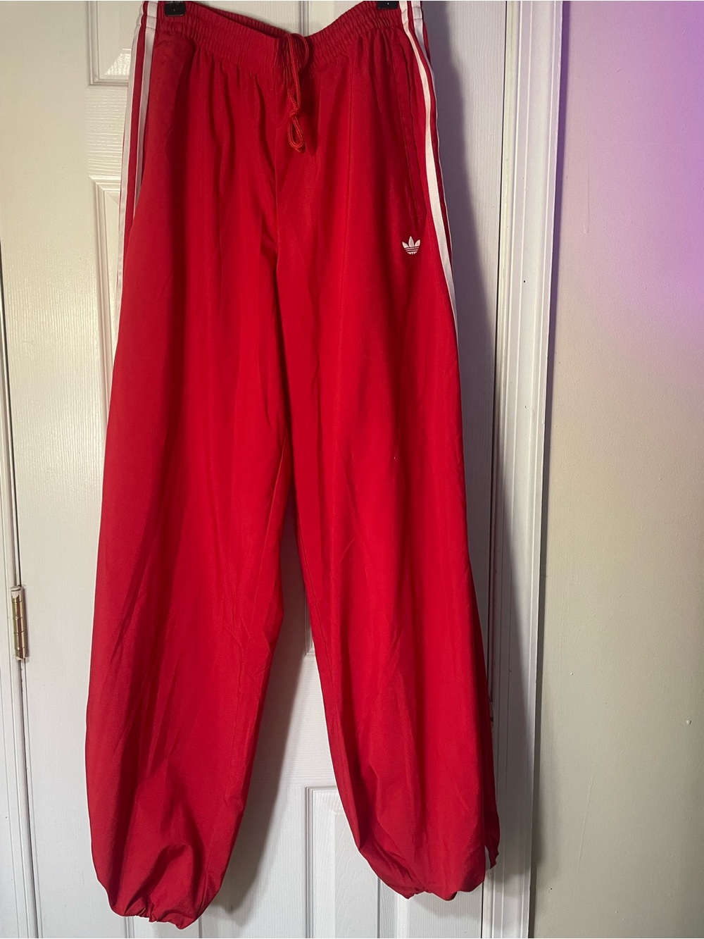 NWT adidas Women’s Red Track Pants with White Ruffle Overlay - Picture 9 of 15